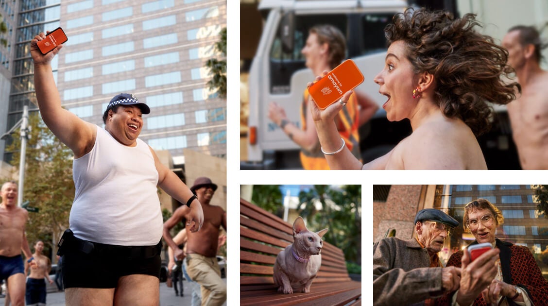collage of images including naked people running down the street holding amaysim themed phones, a sphynx cat on a park bench and an older couple