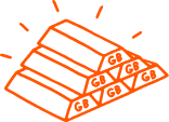 Icon of stacked gold bullions with GB printed on each. This icon represents gigabytes or data as a commodity. 
