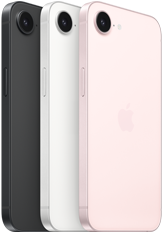 iPhone 17e, side and back exterior, black colour, side and back exterior, white colour, side and back exterior, soft pink colour, Fusion camera at top, side button
