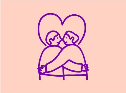 illustration of couple hugging in front of a big heart